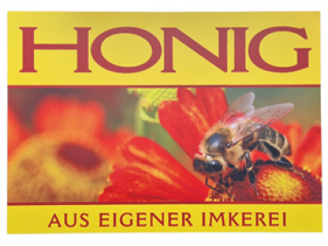 Werbeschild "Honig aus eigener Imkerei" Biene auf roter Blume